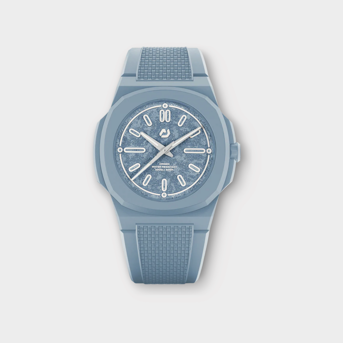 Drop Nuncier Blue Wave Summer Edition watch with a textured light blue silicone strap and matching patterned dial.