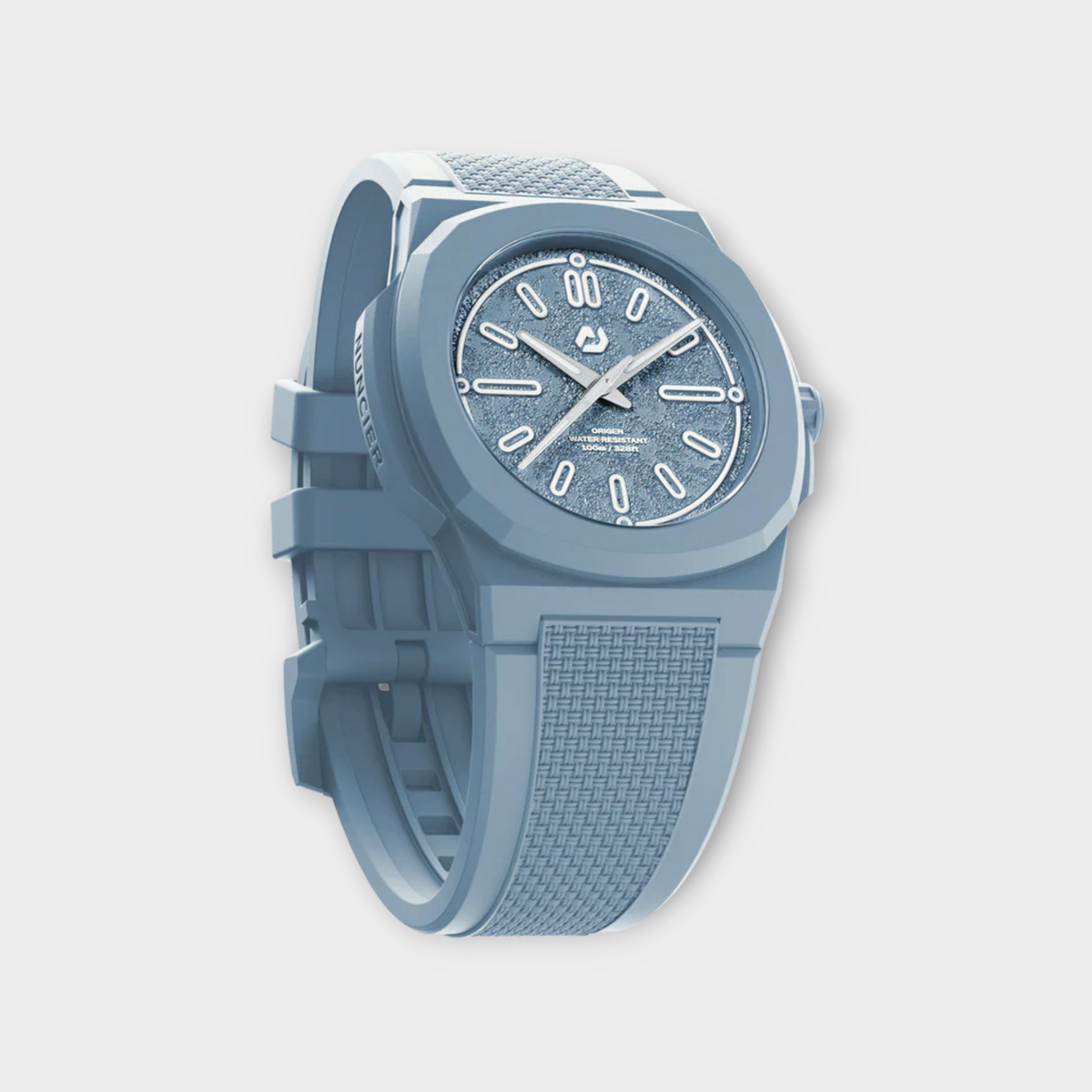 Drop Nuncier Blue Wave Summer Edition watch with a textured light blue dial and matching silicone strap