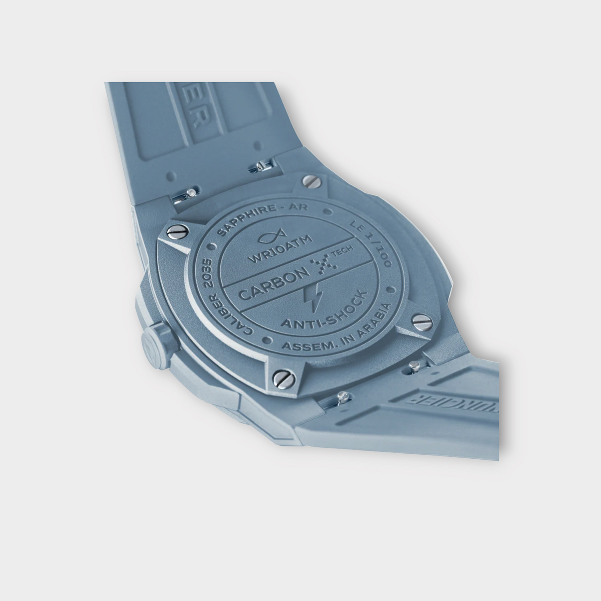 Drop Nuncier Blue Wave Summer Edition watch case back showing carbon tech and sapphire crystal details