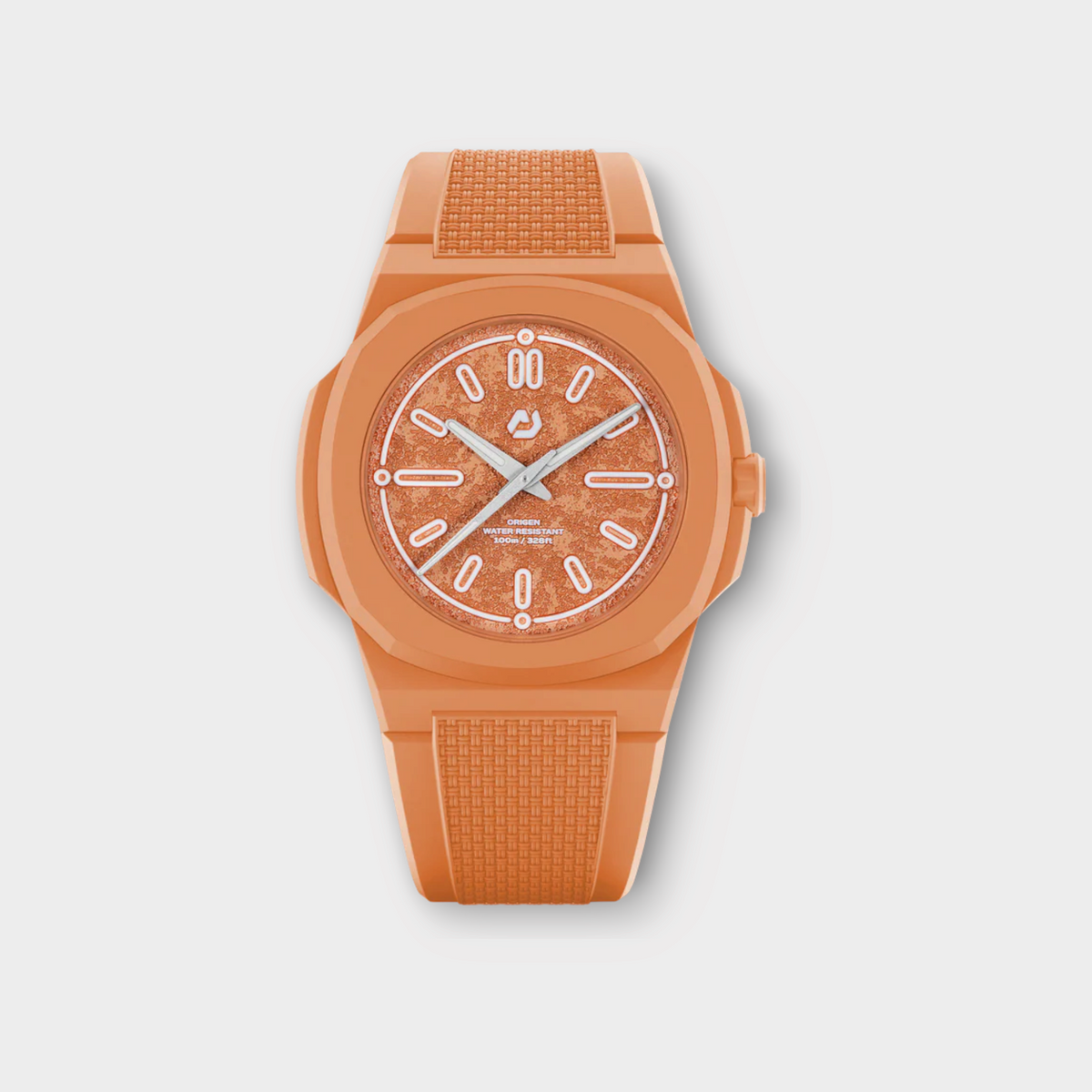 Drop Nuncier Coral Ace Summer Edition watch with a textured coral orange silicone strap and matching dial.