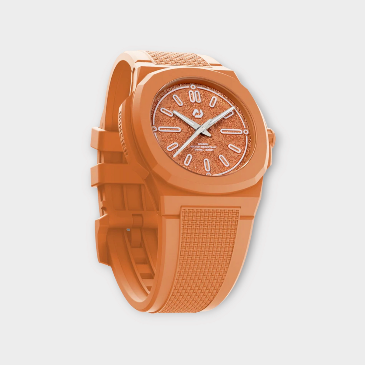 Drop Nuncier Coral Ace Summer Edition watch with a textured orange dial and matching silicone strap