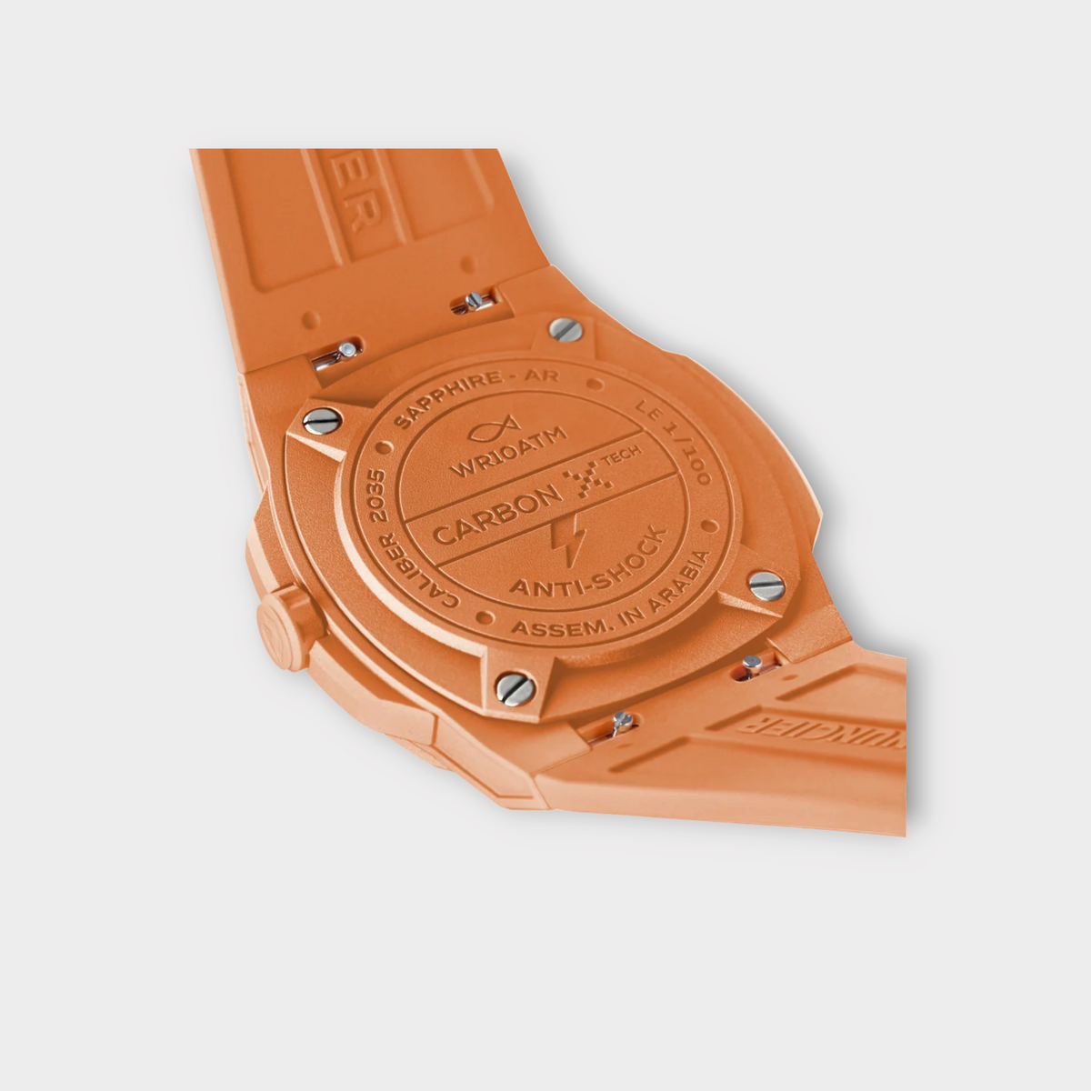 Drop Nuncier Coral Ace Summer Edition watch case back showing carbon tech and sapphire crystal details
