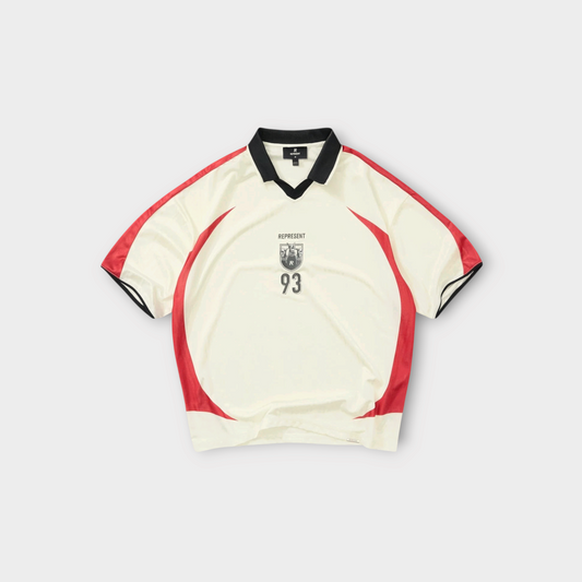 Drop Represent Spike Football flat white t-shirt with red side panels, black collar, and 93 graphic print