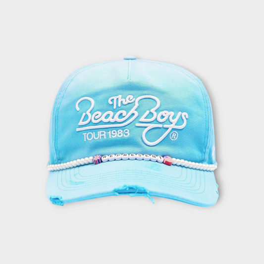 Drop Represent Beach Boys Tour bright blue cap with white embroidered logo and decorative pearl bead trim