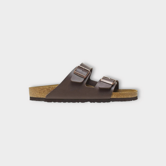 Drop Birkenstock Arizona sandals in dark brown leather with two adjustable straps and cork footbed