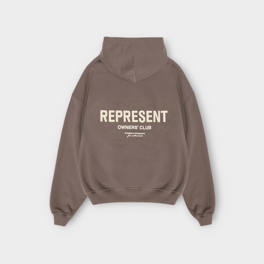 Drop Represent Owners Club fog hoodie in brown with cream back logo print and oversized fit