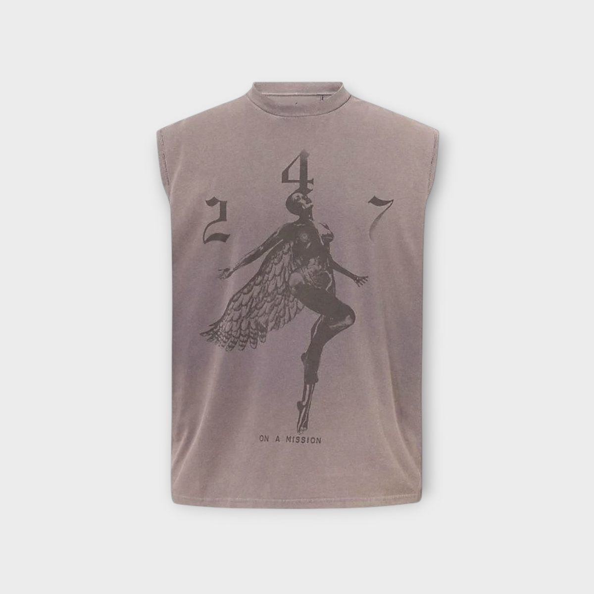 Drop 247 Angel Graphic Tank in graphene grey featuring a vintage-style winged figure print and mock neck design.