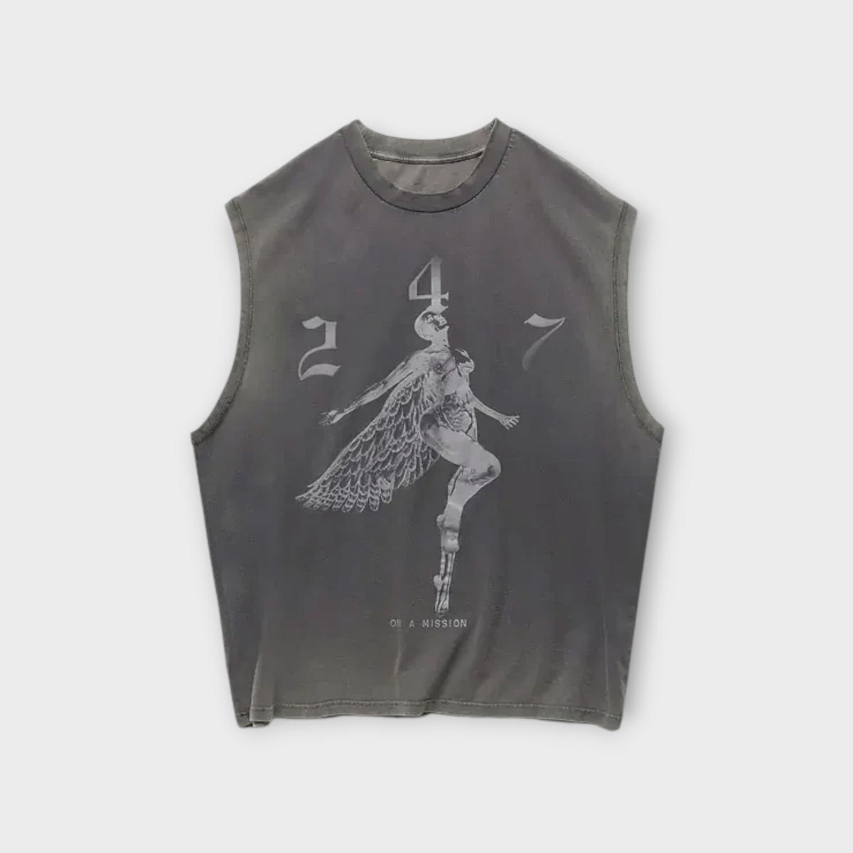 Drop 247 Angel graphic tank top in vintage black with a distressed sleeveless cut and mission-themed print