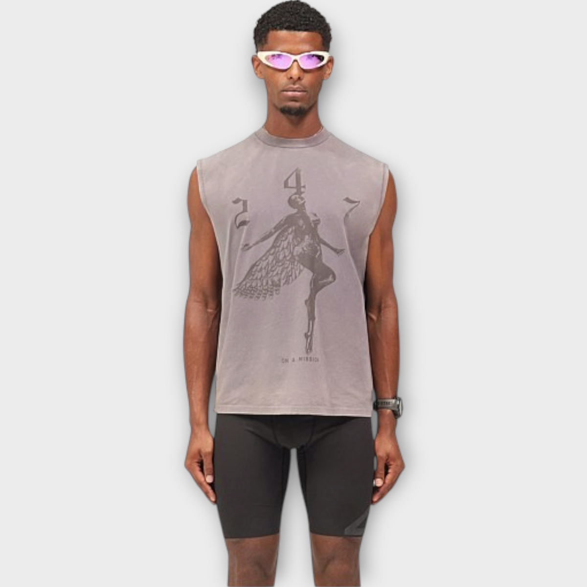 Drop 247 Angel Graphic Tank in graphene grey featuring a winged figure print and sleeveless crew neck design