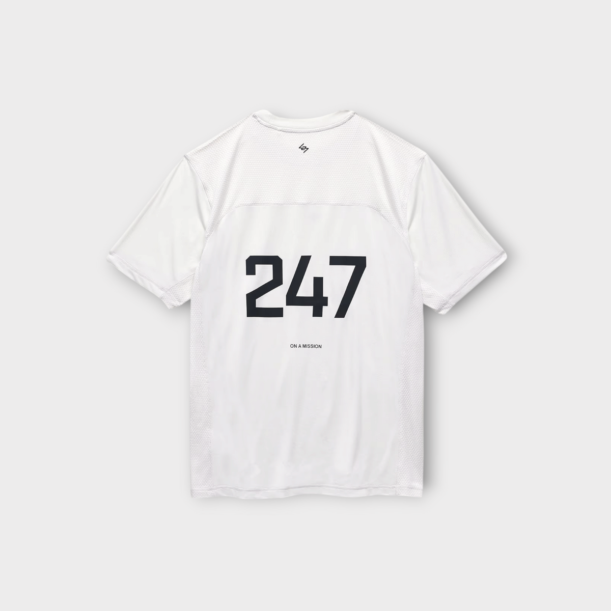 Drop 247 FW26 Numbers T-shirt in flat white with black graphic print on the back and mesh panel detailing.