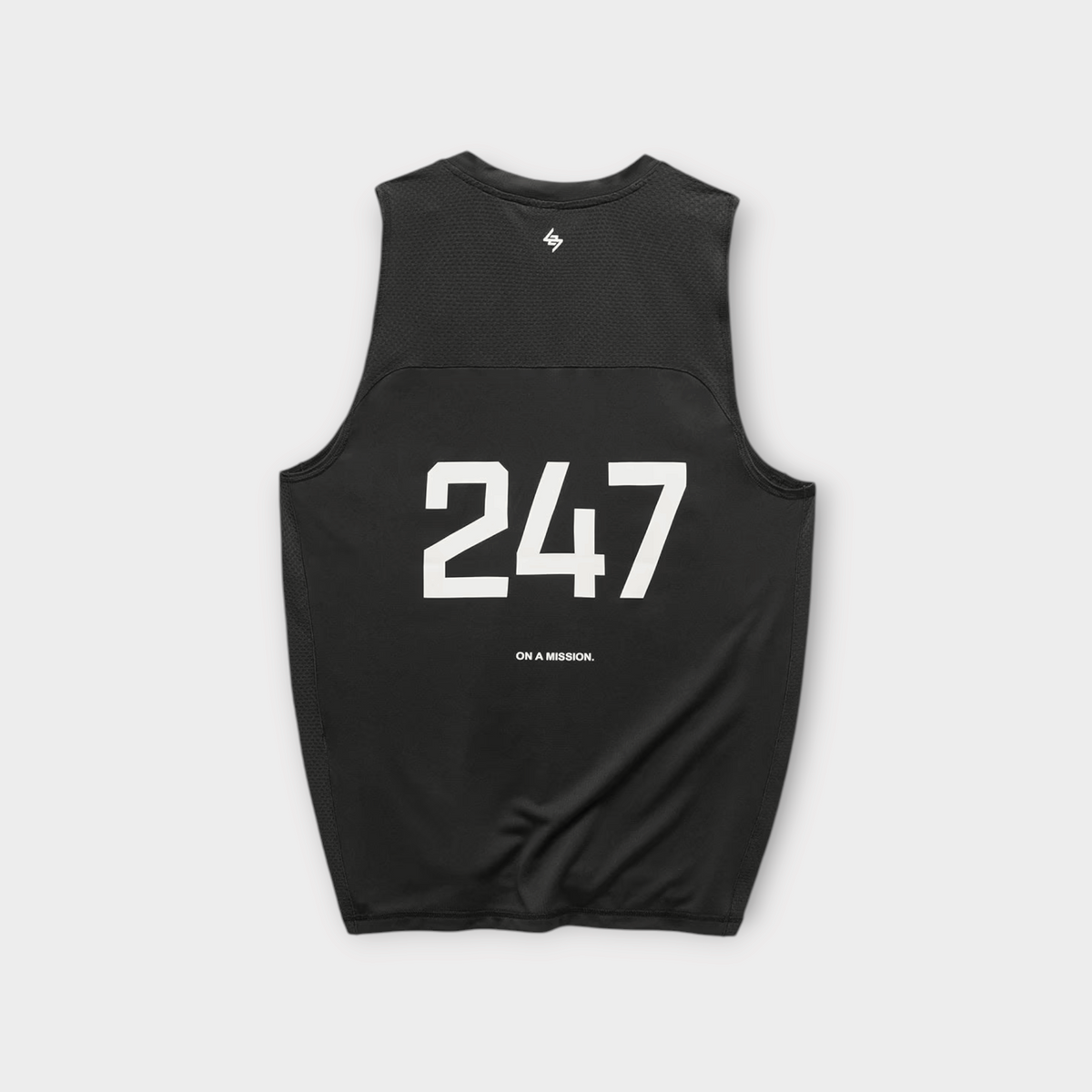 Drop 247 FW26 Numbers Vest in jet black featuring a white graphic print on the back and breathable mesh detailing.