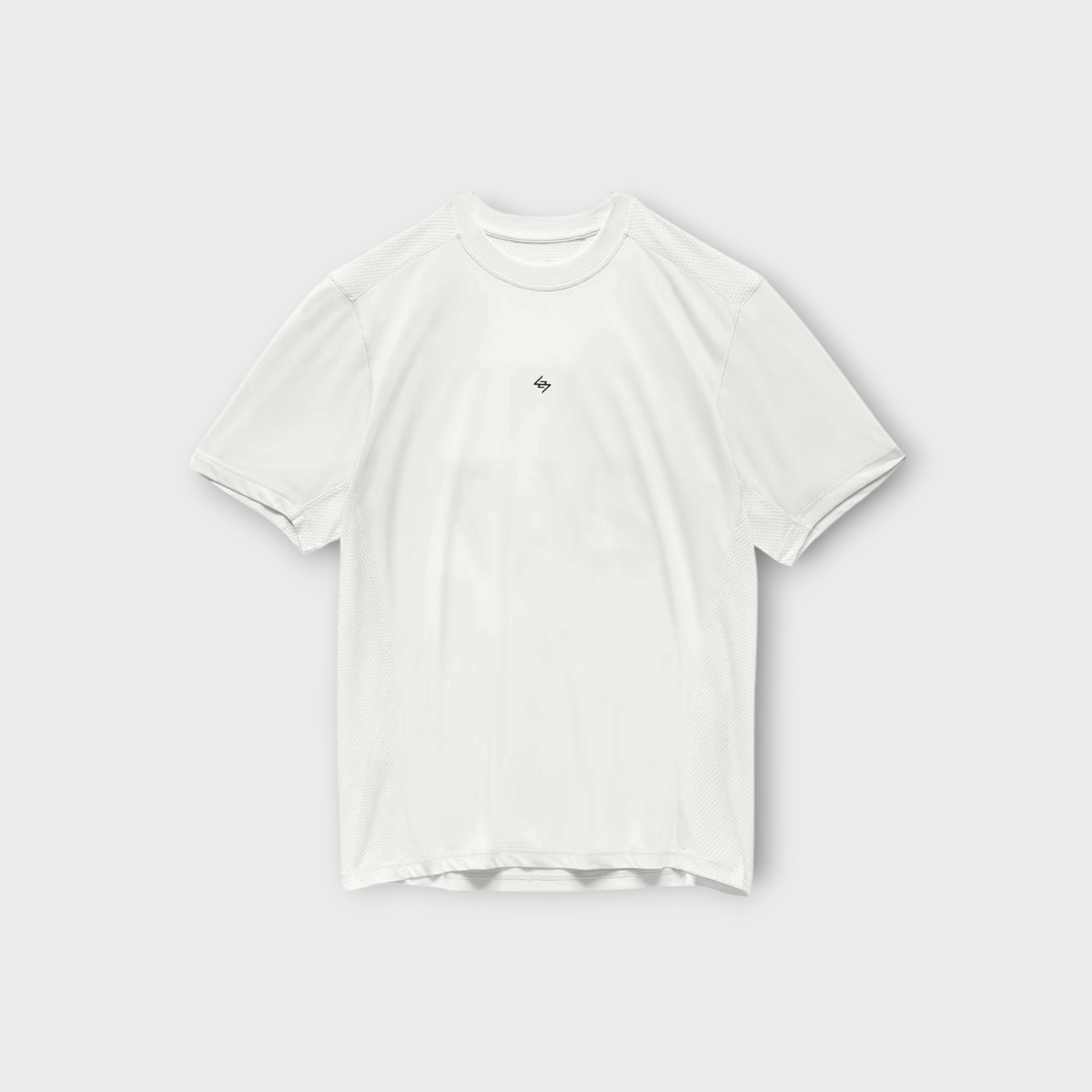 Drop 247 FW26 Numbers T-shirt in flat white with a small black logo on the chest and breathable mesh side panels.