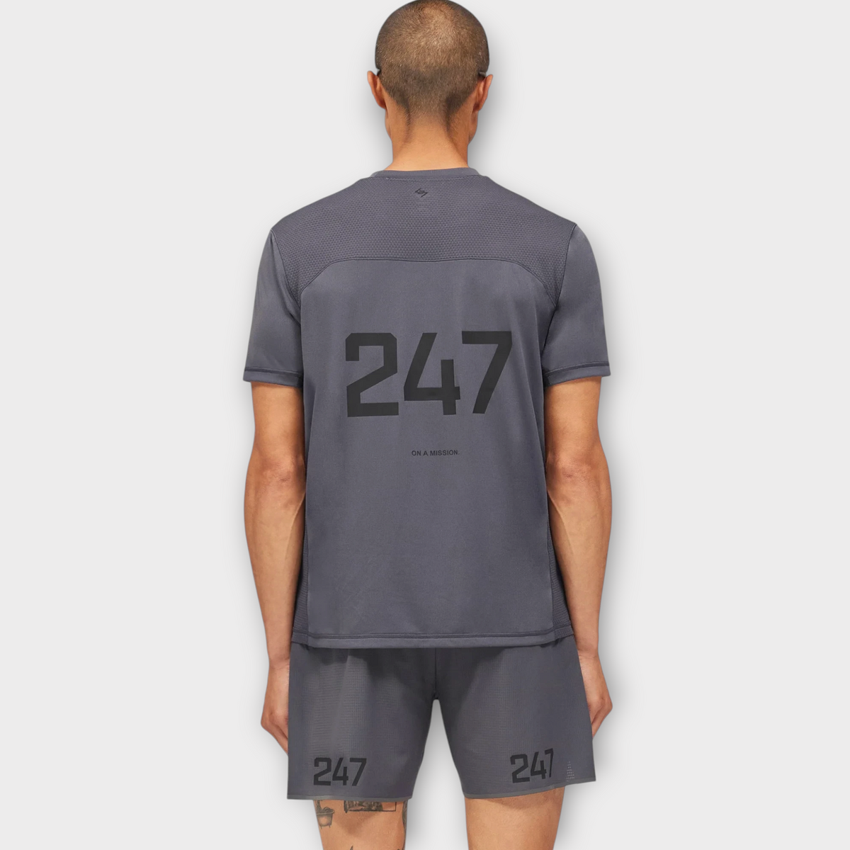 Drop 247 FW26 Numbers T-shirt in graphene grey featuring a back graphic print and breathable mesh paneling