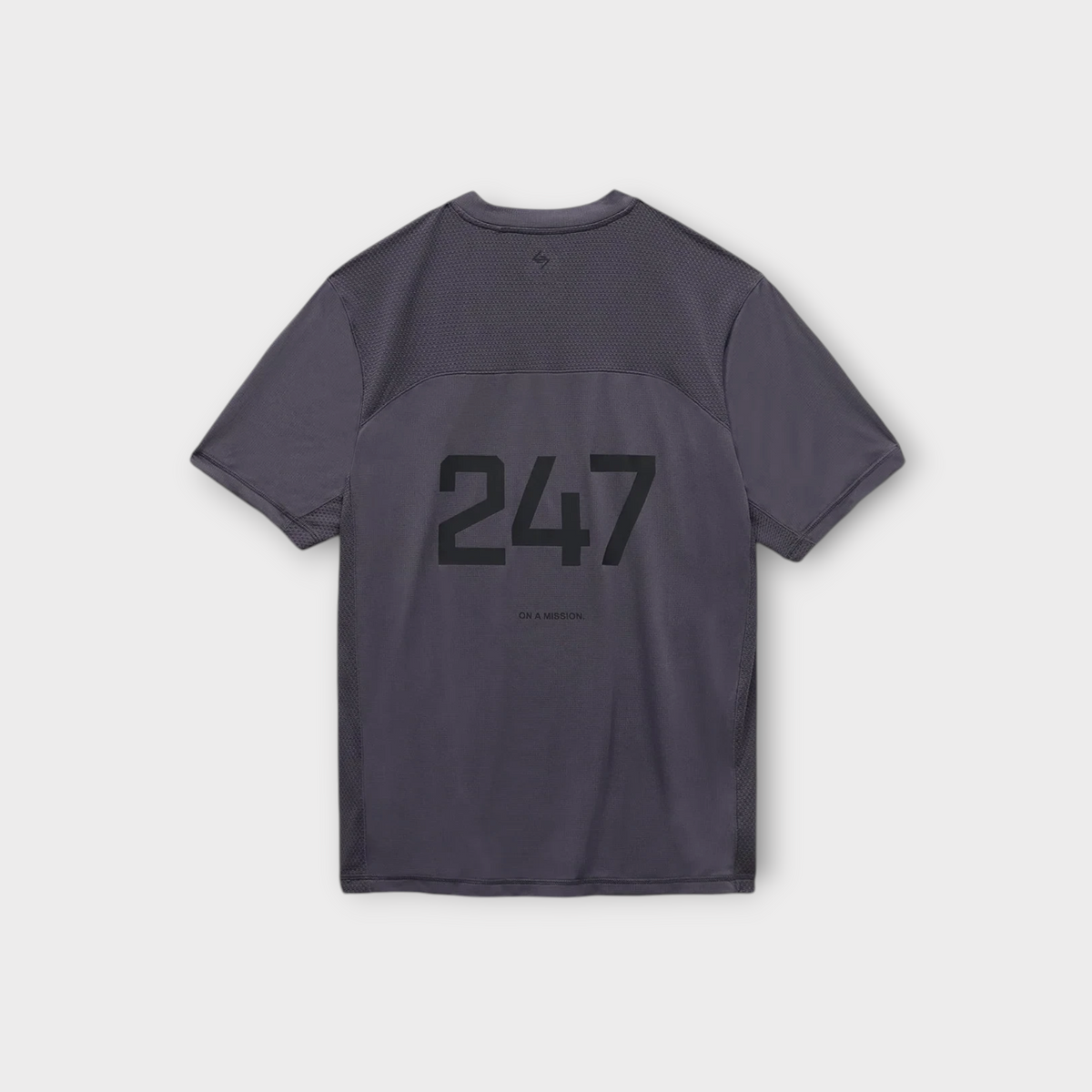 Drop 247 FW26 Numbers T-shirt in graphene grey featuring a back graphic print and mesh panel detailing