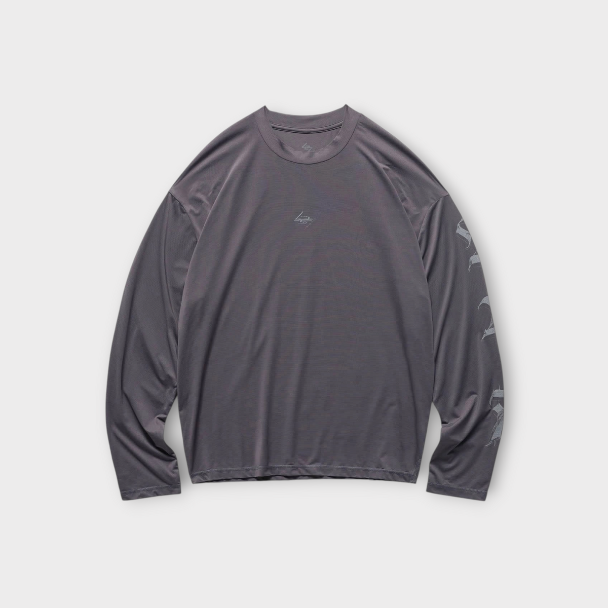 Drop 247 Knight long sleeve t-shirt in graphene grey with subtle chest logo and graphic sleeve detailing