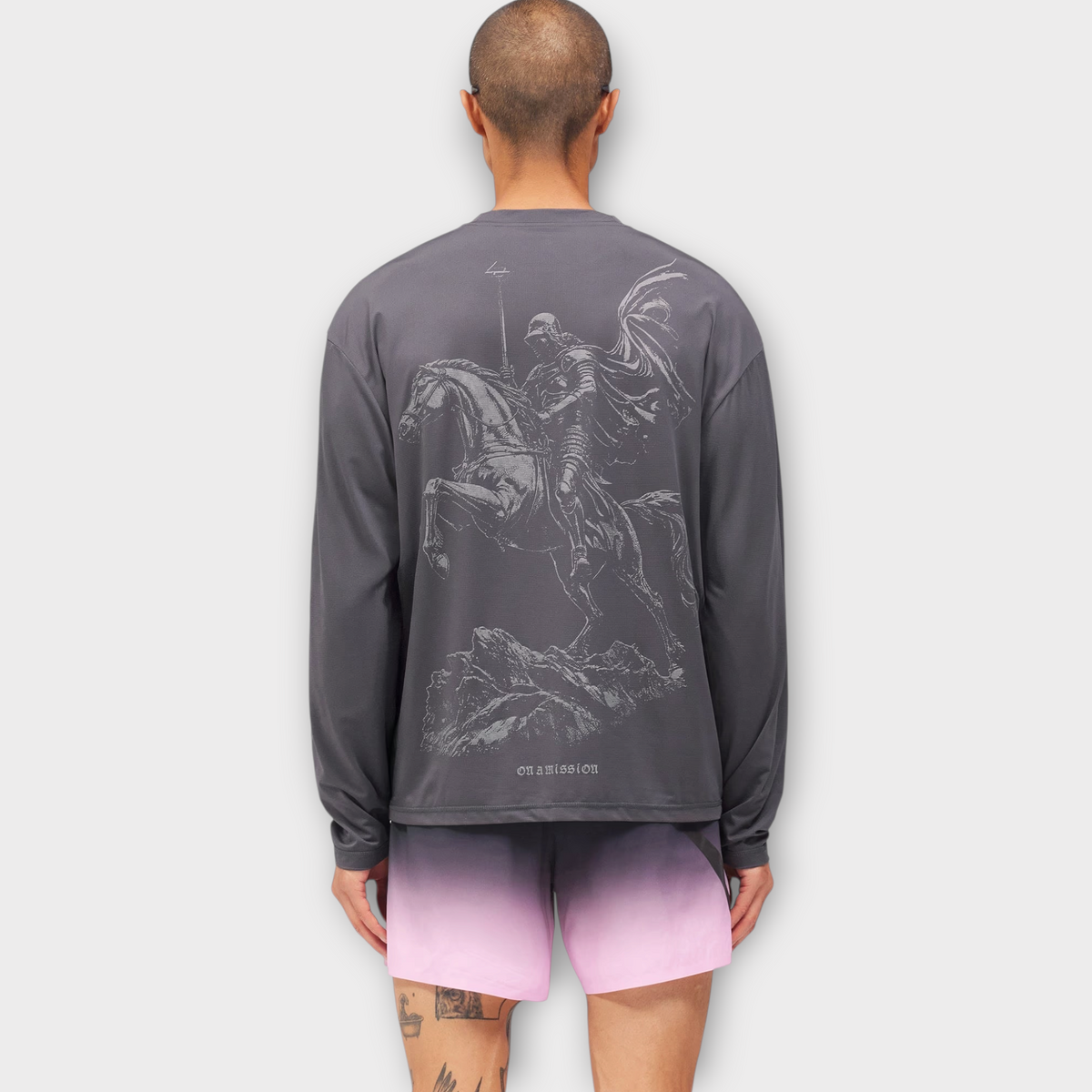 Drop 247 Knight LS T-shirt in graphene grey featuring a detailed back graphic of a knight on horseback