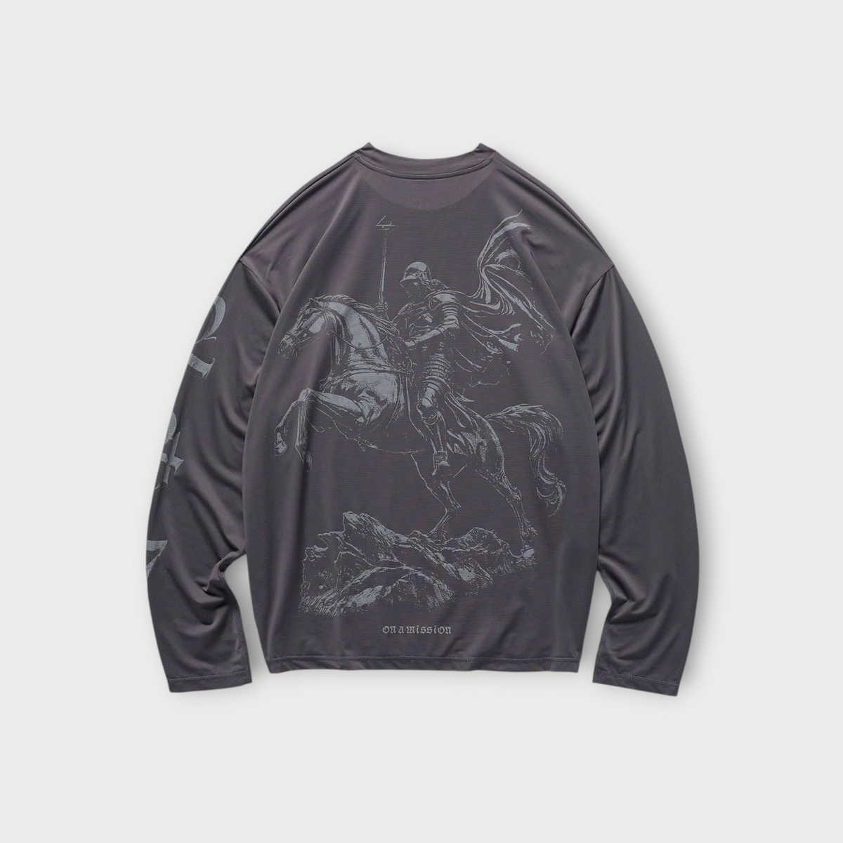 Drop 247 Knight LS T-shirt in graphene grey featuring a detailed back graphic of a knight on horseback