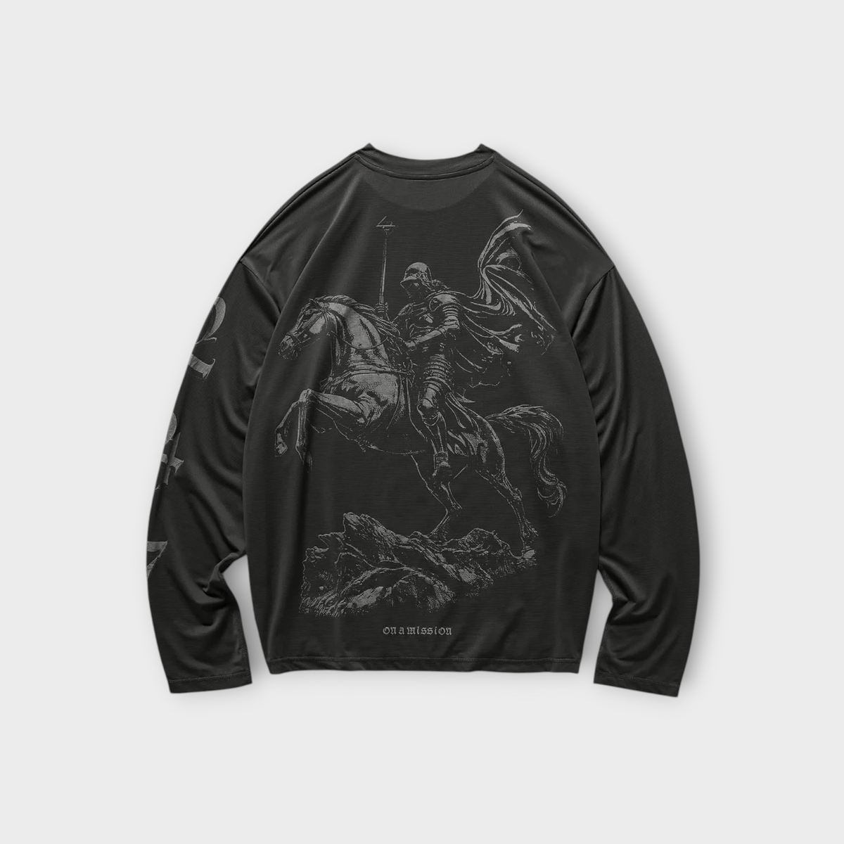Drop 247 Knight Ls Tee in jet black featuring a detailed graphic of a knight on horseback on the back