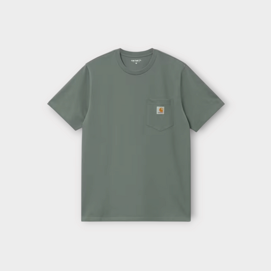 Drop Carhartt WIP smoke green cotton jersey t-shirt with a chest pocket and signature logo patch