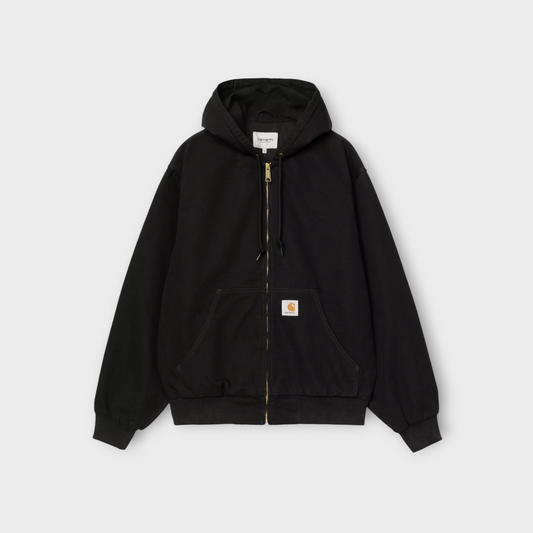 Drop Carhartt WIP OG Active Jacket in black rinsed cotton with a front zip, hood, and square logo patch.