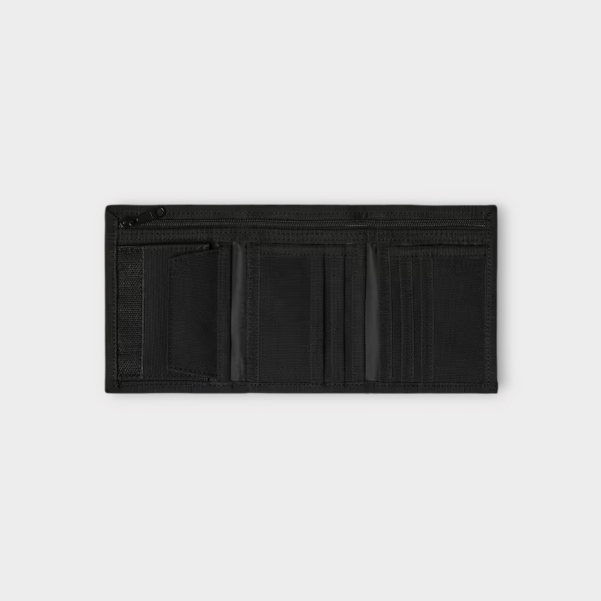 Drop Carhartt WIP Alec wallet in black featuring a tri-fold design with multiple card slots and a zip compartment.
