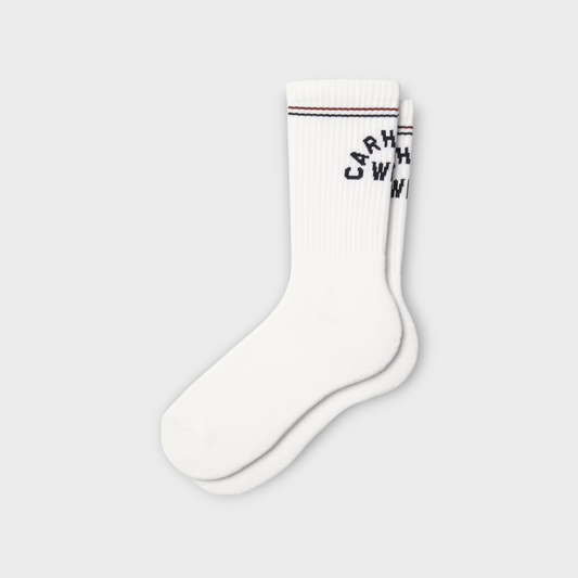 Drop Carhartt WIP Arch Script crew socks in white with dark navy logo embroidery and striped ribbed cuffs