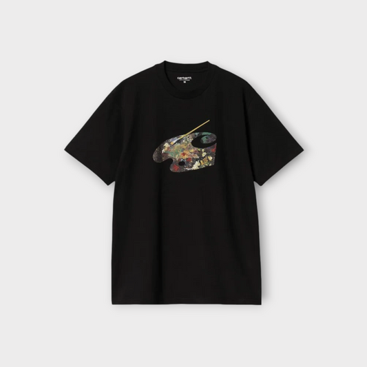 Drop Carhartt WIP black cotton t-shirt featuring a colorful artist palette and paintbrush graphic on the chest