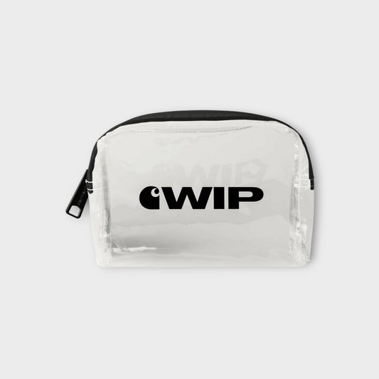 Drop CARHARTT WIP clear travel case with black zipper trim and bold black logo branding on the front