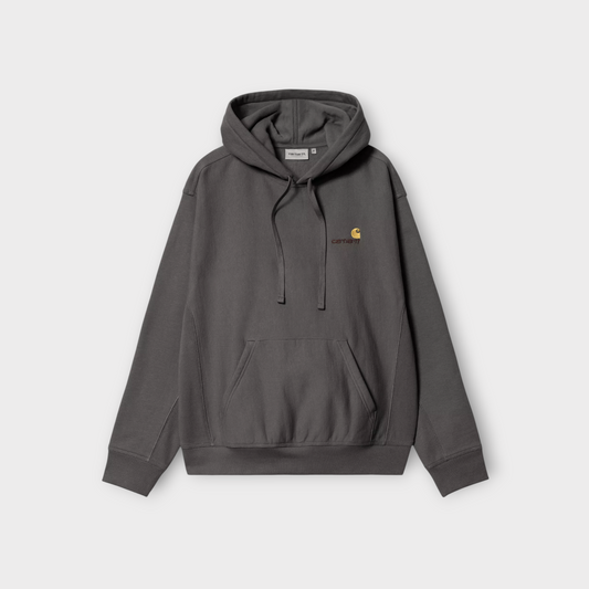 Drop Carhartt WIP Hooded American Script Sweatshirt in graphite grey with embroidered logo and front pouch pocket
