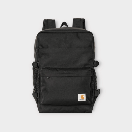 Drop Carhartt WIP Jakob backpack in black featuring side mesh pockets, adjustable straps, and a front logo patch.