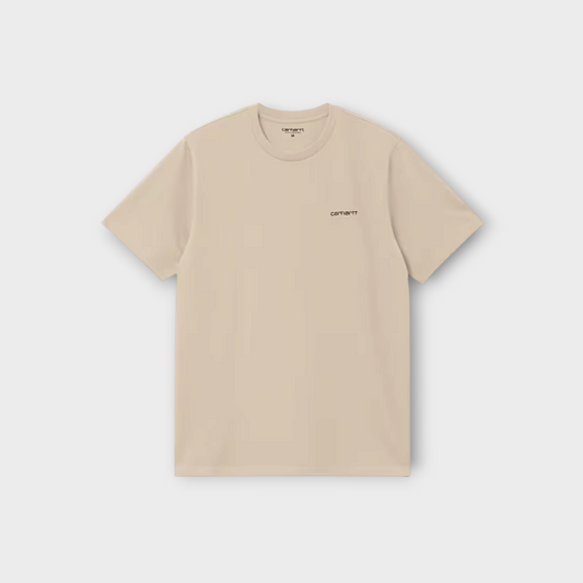 Drop Carhartt WIP light brown cotton t-shirt featuring a small black script logo embroidery on the chest
