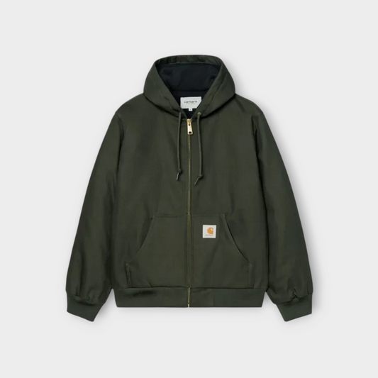 Drop Carhartt WIP Active Jacket in olive rigid canvas with a drawstring hood, front zip, and kangaroo pocket.