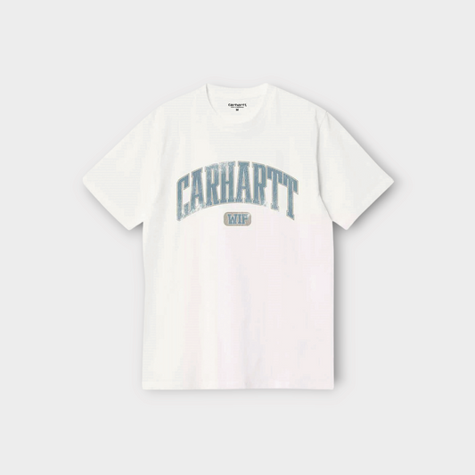 Drop Carhartt WIP Lecture white cotton t-shirt with blue collegiate-style graphic print on the chest