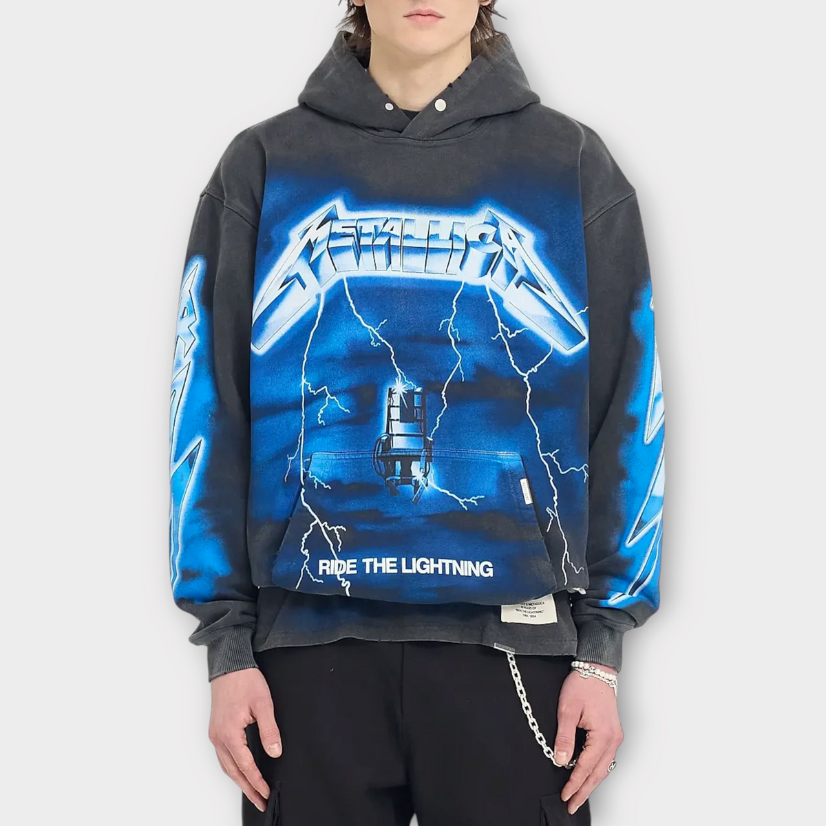 Drop Metallica Ride The Lightning vintage grey hoodie with blue electric bolt graphic print and front kangaroo pocket