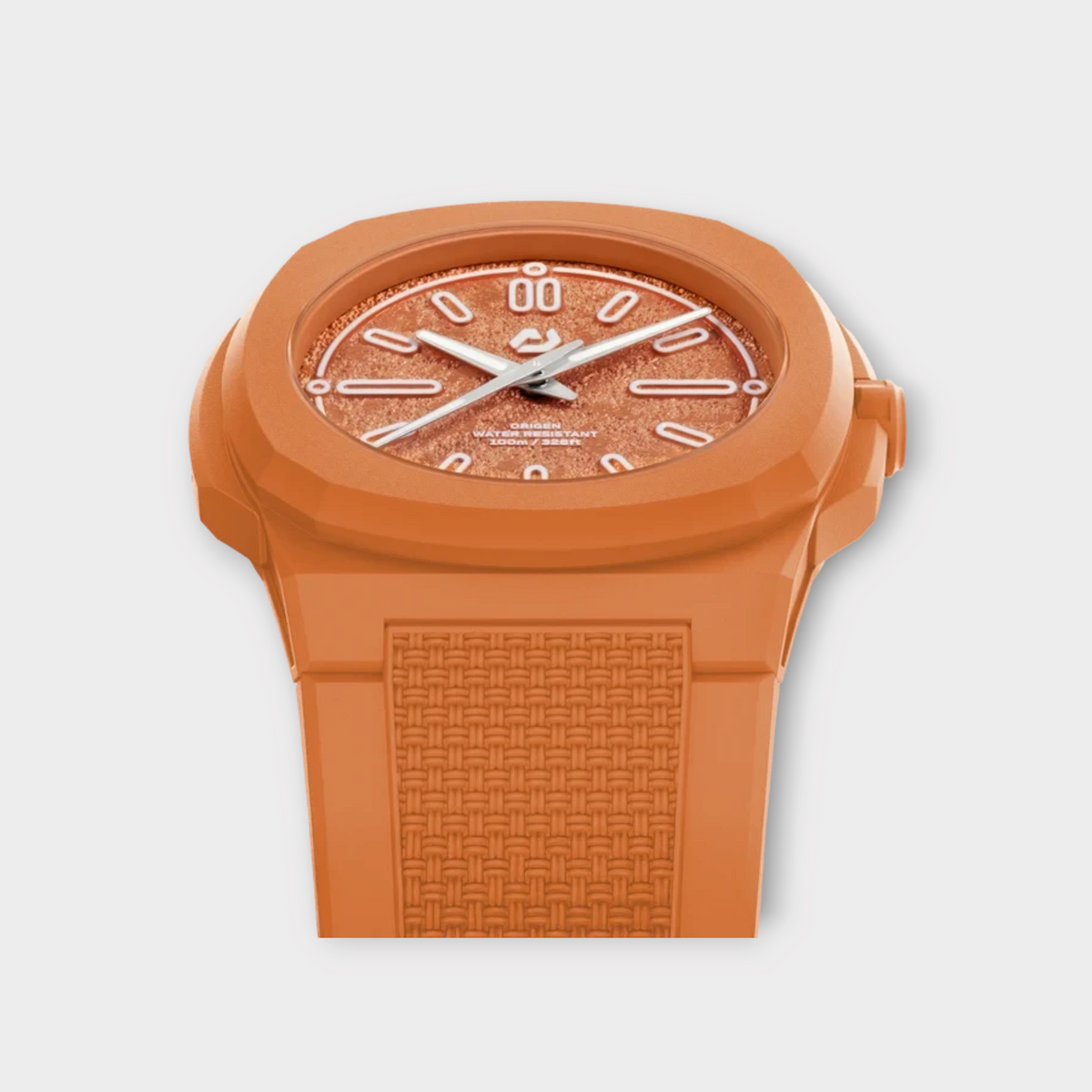 Drop Nuncier Coral Ace Summer Edition watch with a textured orange dial and matching silicone strap