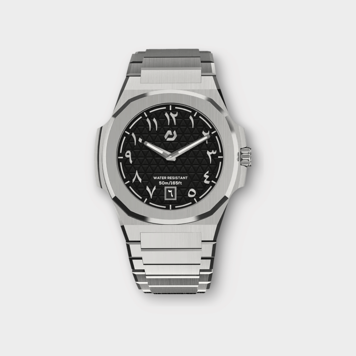 Drop Nuncier MT silver stainless steel watch with a black textured dial and Eastern Arabic numeral indices