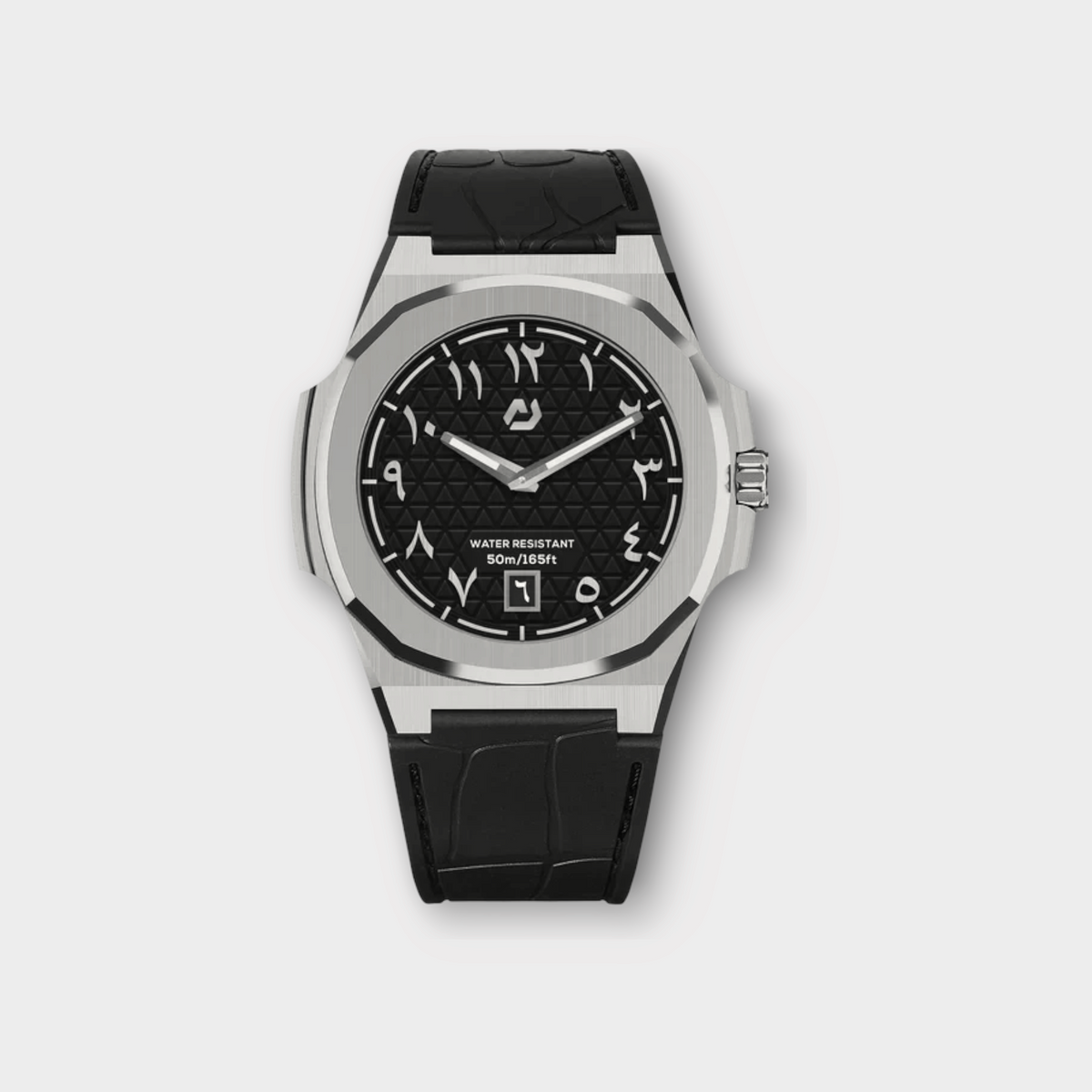 Drop Nuncier MT silver watch with a black textured dial, Arabic numerals, and a black alligator leather strap.