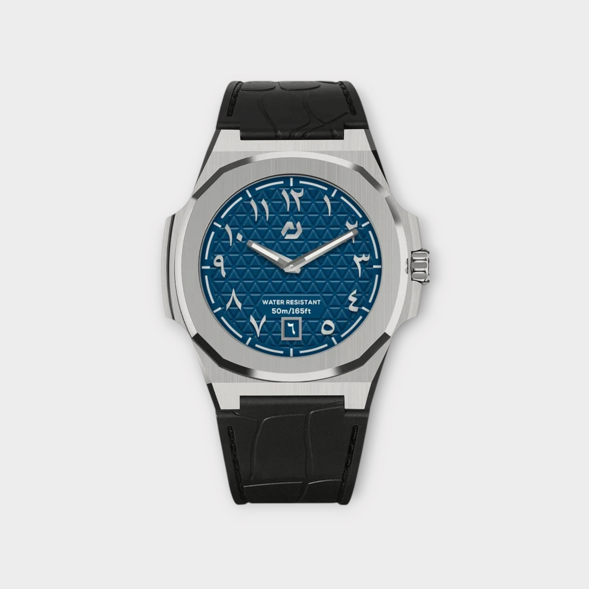 Drop Nuncier MT silver watch with a blue textured dial, Arabic numerals, and a black leather strap