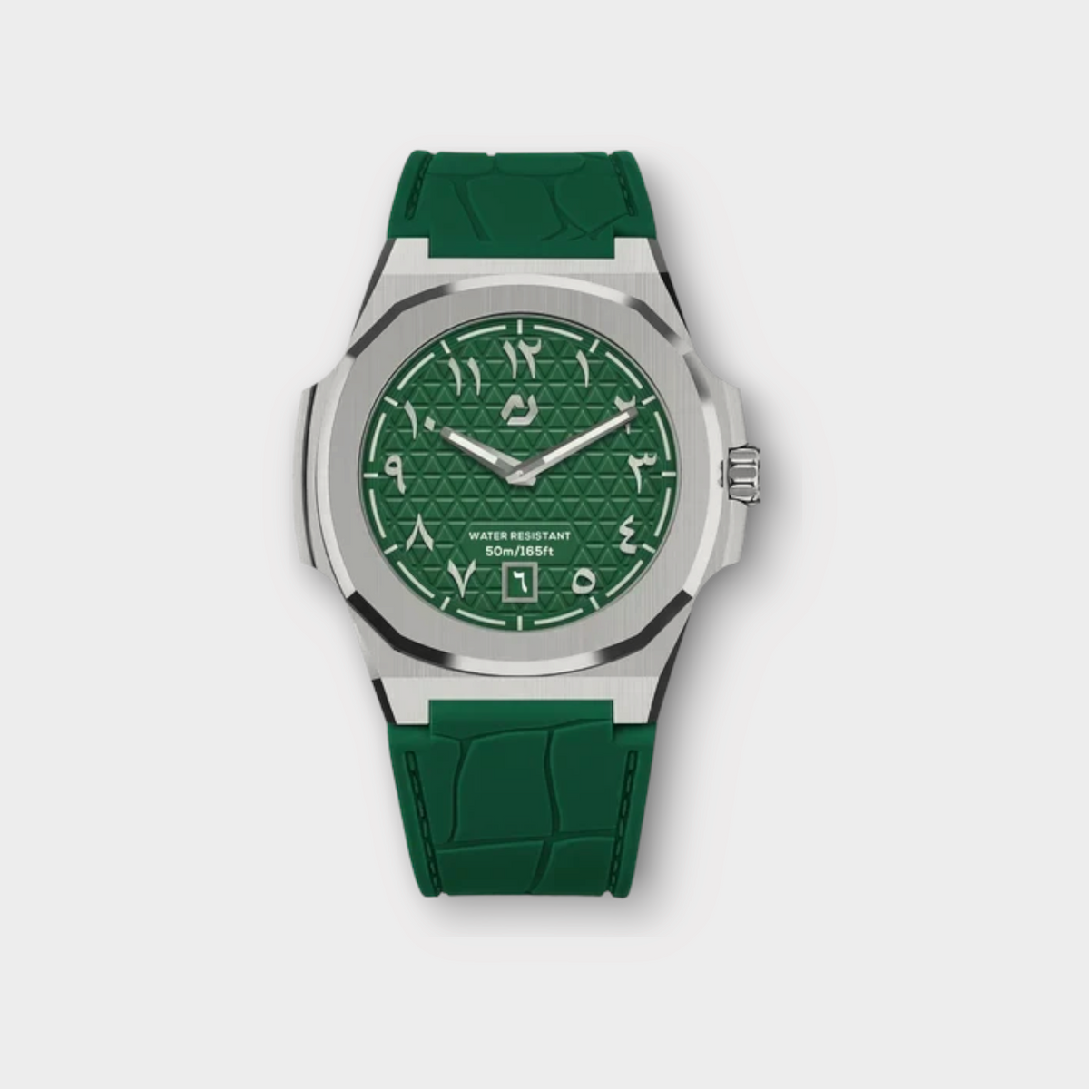 Drop Nuncier MT silver watch with a green textured dial, Arabic numerals, and a green leather strap