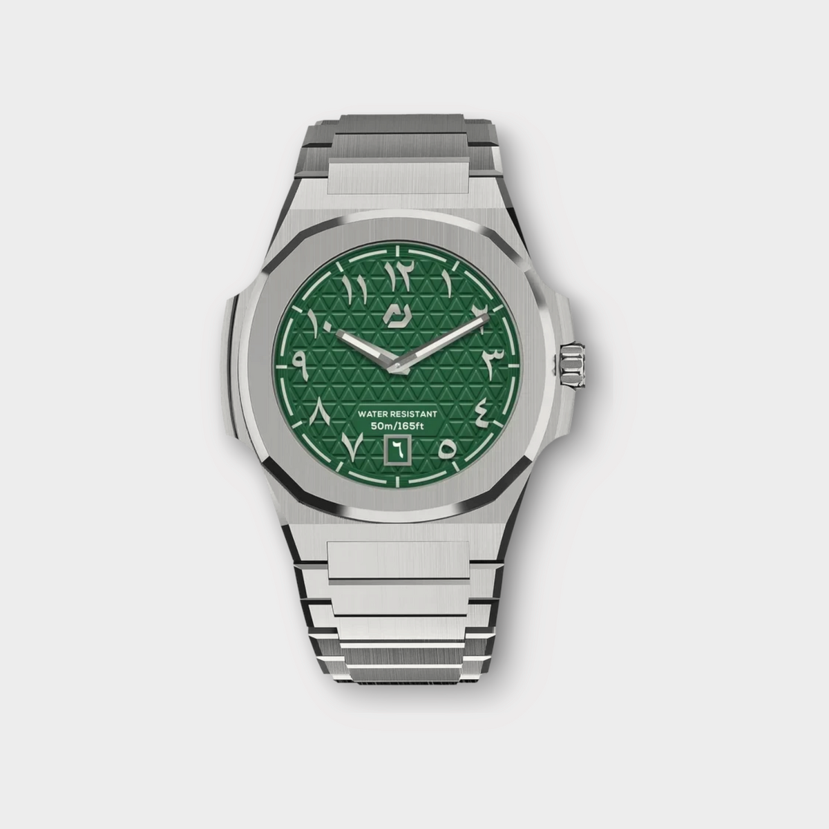 Drop Nuncier MT silver watch with a 40.5mm case, green textured dial, and Eastern Arabic numeral hour markers.