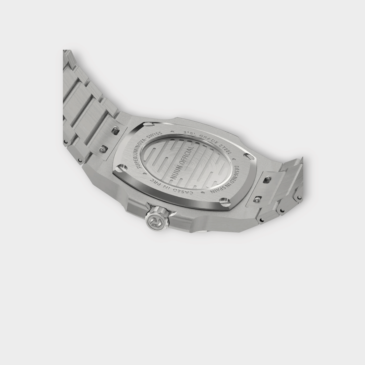 Drop Nuncier MT silver 40.5mm watch case back showing 316L grade steel construction and engraved details