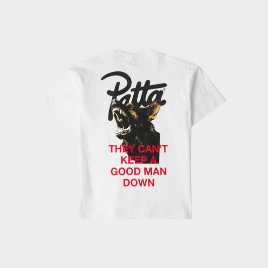 Drop Patta Bark white t-shirt featuring a graphic print of a barking dog and text on the back