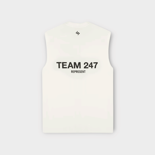 Drop Represent 247 oversized tank top in flat white with black Team 247 branding on the back