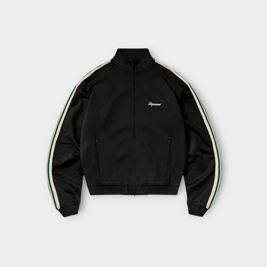 Drop Represent jet black track jacket with white and green side taping and front zip closure