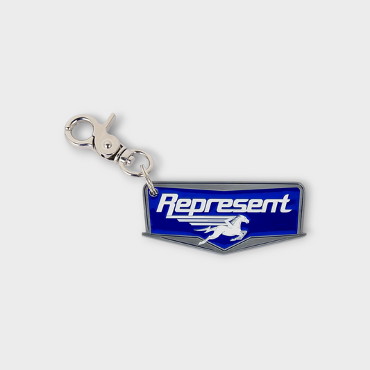 Drop Represent Nothing Tougher Nothing Faster blue metal keyring with a silver lobster clasp and horse logo design