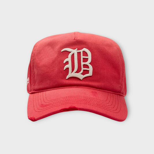 Drop Represent MLB Brooklyn cap in washed red with a distressed brim and white embroidered B logo