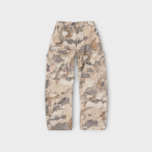 Drop Represent Cargo Pant in Riot Camo featuring a beige and grey camouflage print with side cargo pockets