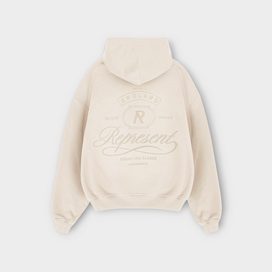 Drop Represent Grand Vintage Hoodie in champagne featuring a back graphic print with England branding and logo