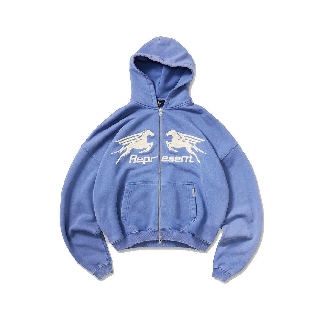 Drop Represent Pegasus zip-through hoodie in indigo blue with white graphic print on chest