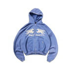 Drop Represent Pegasus zip-through hoodie in indigo blue with white graphic print on chest